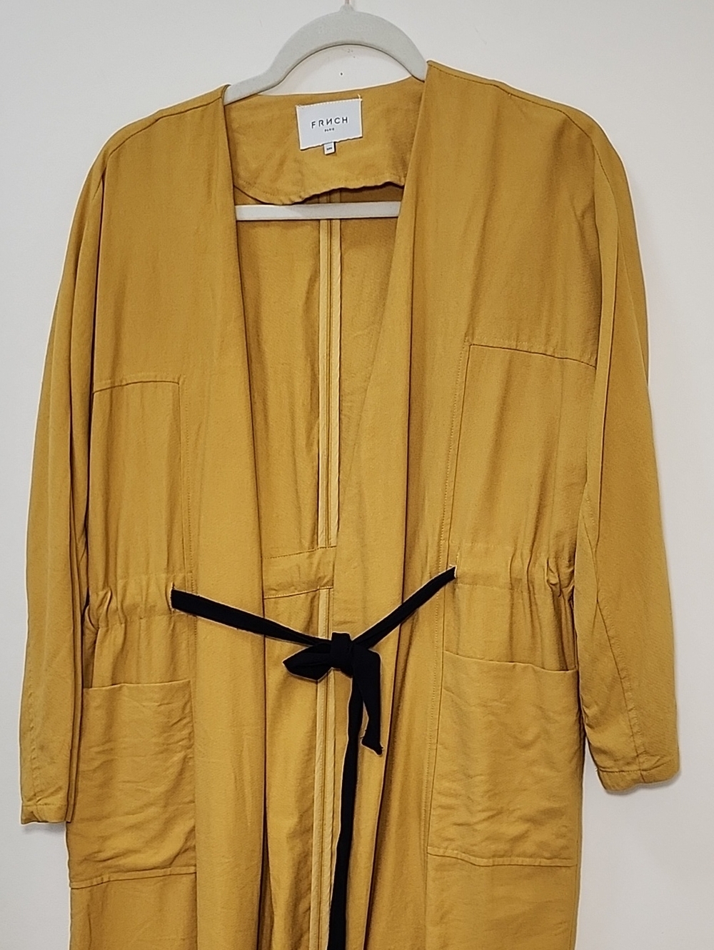 FRNCH PARIS Mustard Yellow Long Sleeve Open Front Blazer Black Tie Size S/M - Picture 4 of 16